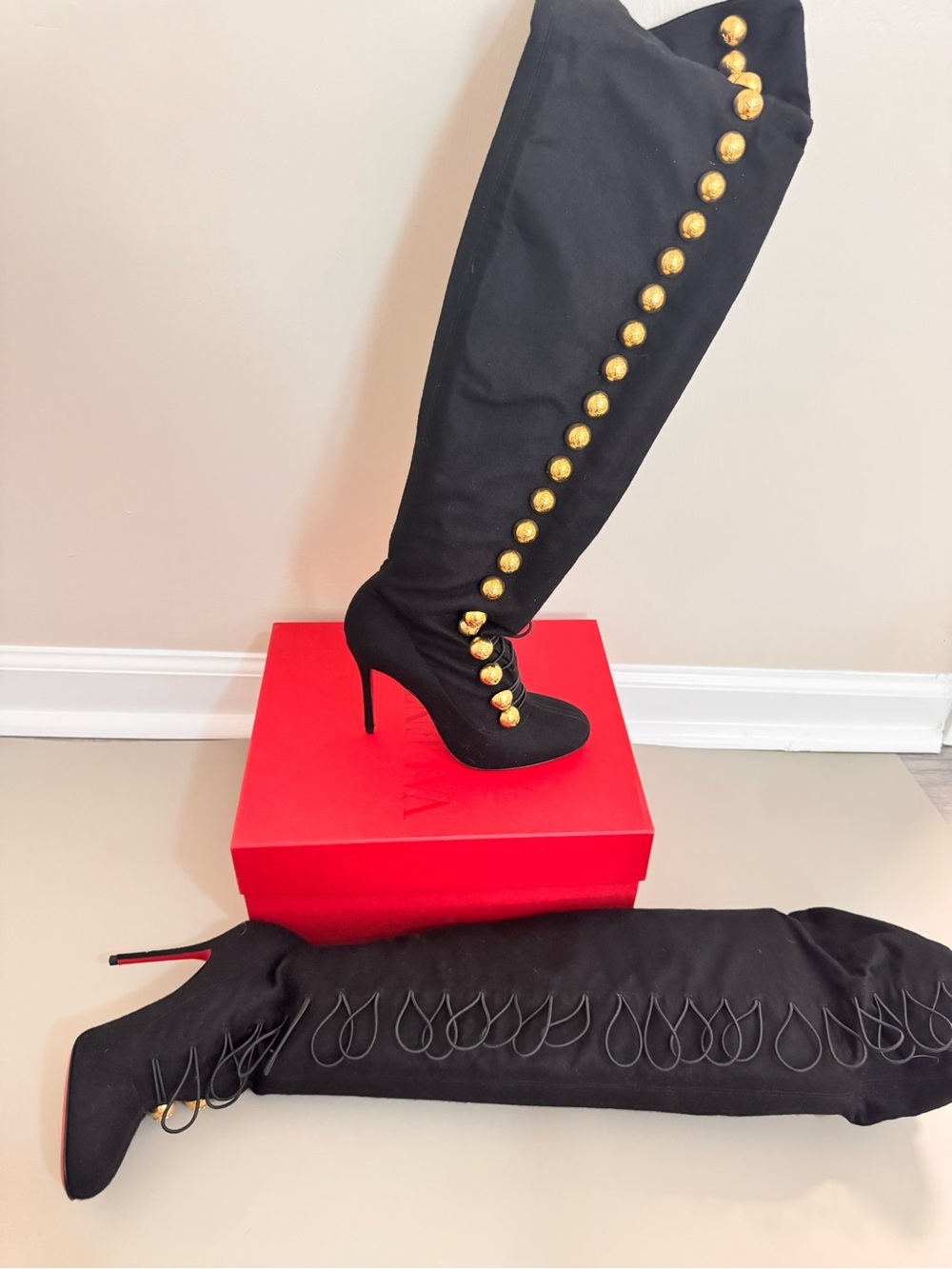 Christian Louboutin Ronfifi Supra Black Suede Gold Button OTK Boots 35.5 - Picture 6 of 10